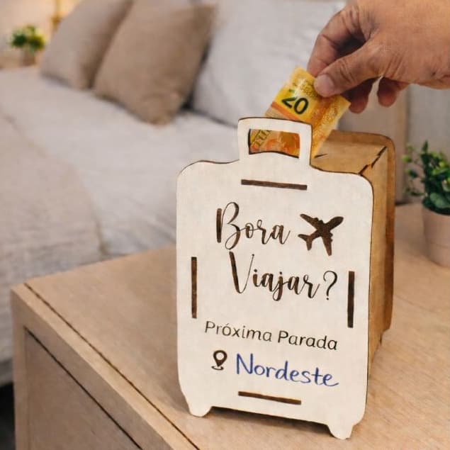 Cofre em MDF Branco Depósito Viagem Junte Economizar Dinheiro 19x12cm
