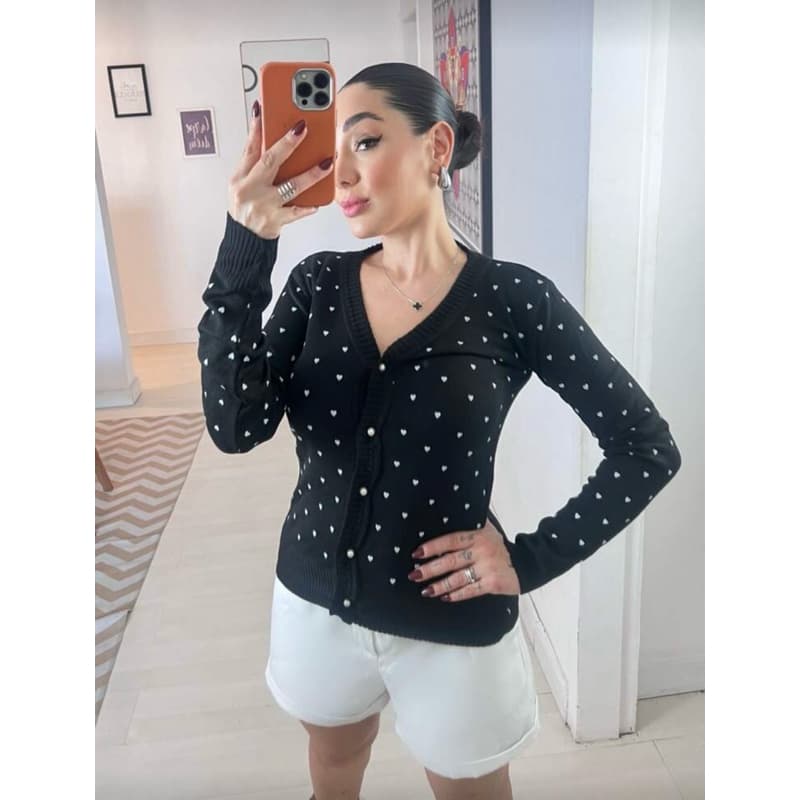 Blusa De Frio Feminino Cardigan Lã Tricô Com Bortão Estampado De Coração E Bolinha