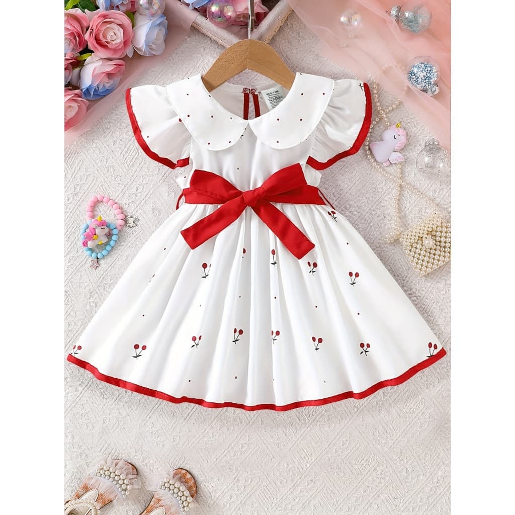 Vestido Infantil Estampado Cerejas Manga Curta Tamanho 2 a 3  Anos