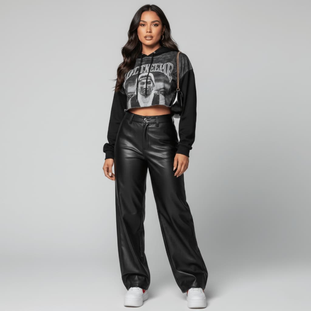 Calça Couro Fake Wide Leg Pantalona Feminina Festa Zíper Botão Bolso