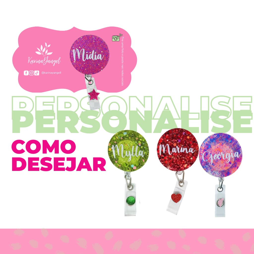 Porta Crachá Redondo em Resina Personalizado – Roller Clip Retrátil com Brilho Roller Clip Button