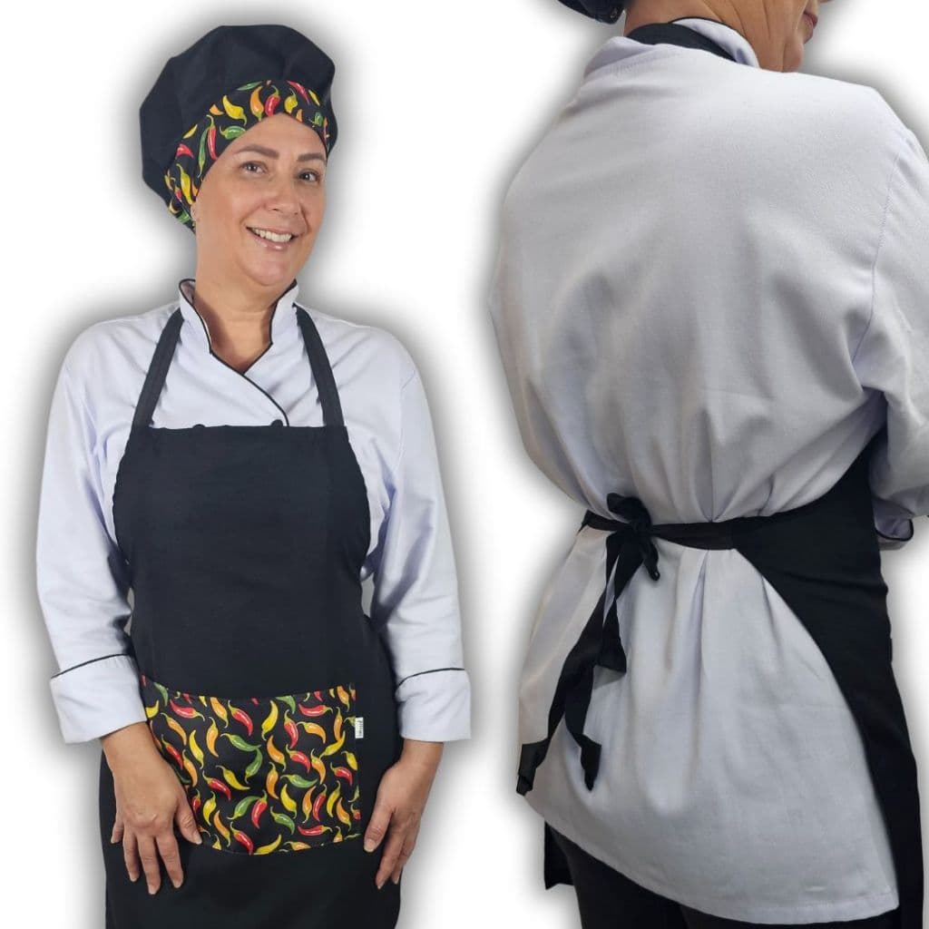 Kit avental e touca gorro de confeitaria chapéu de chef Pimenta Colorida