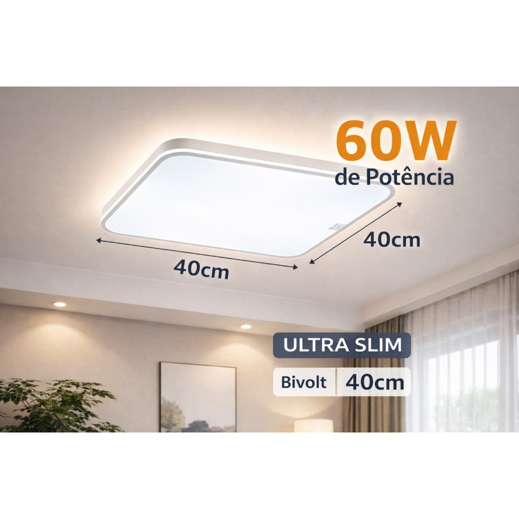 Paflon Ultra Slim LED 60W 40x40cm Bivolt Luz Indireta Moderna Teto