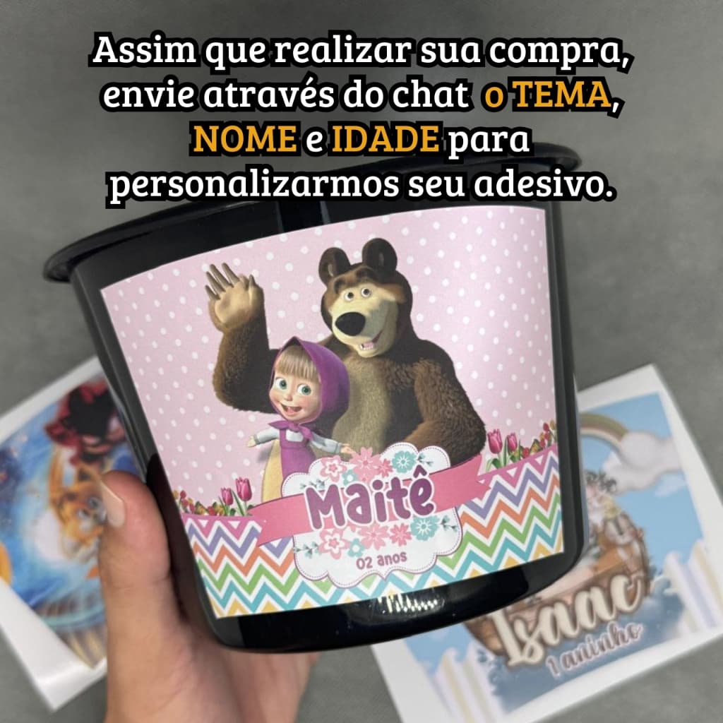 Adesivo Rótulo P Baldinho de Festa Infantil 1,5L e 1,0L Qualquer Tema Tamanho 10x14cm Prova Dágua
