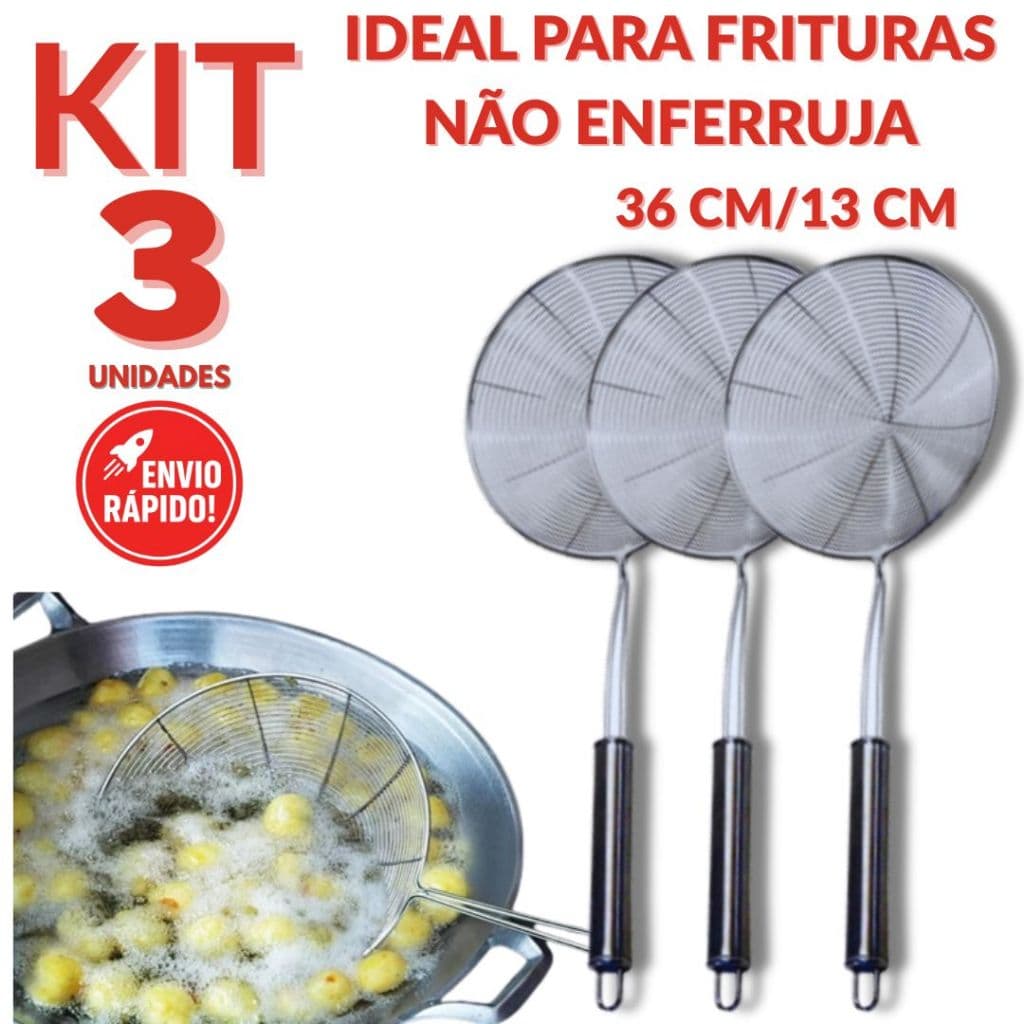 Escumadeira 100% Inox Resistente 36 Cm Cabo Não Esquenta Ideal Para Fritura Lanchonete Restaurante
