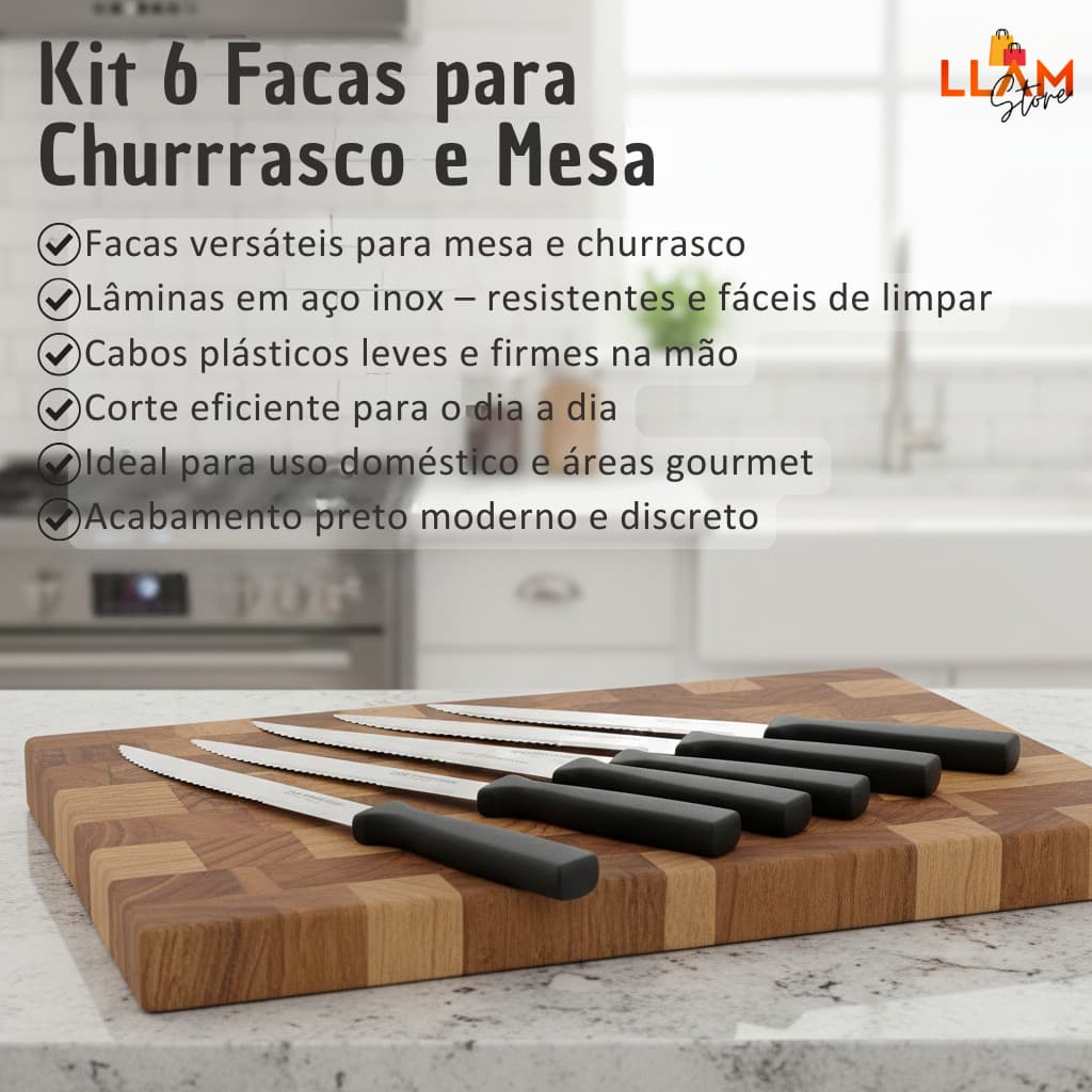 Kit 6 Facas de Mesa Cabene – Facas Inox com Cabo Plástico Preto para Uso Diário