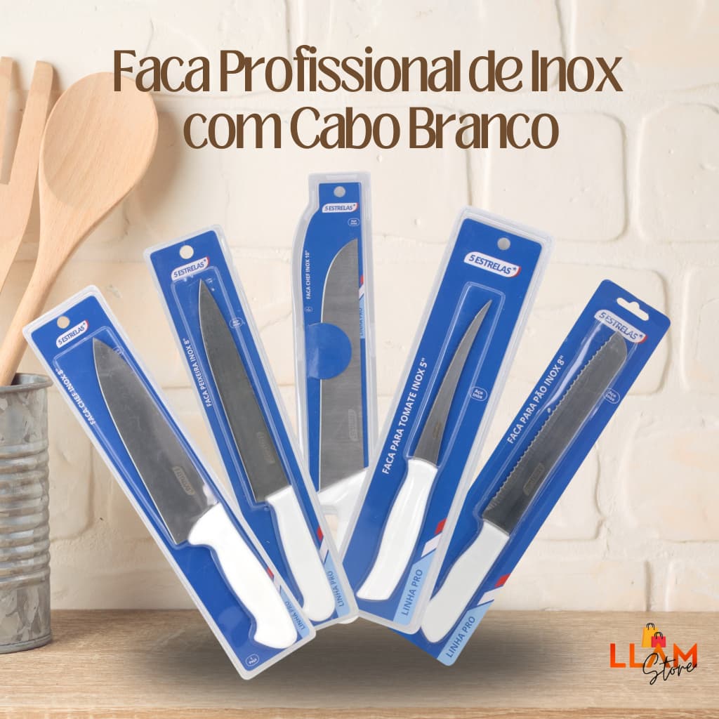 Faca Inox da Linha Profissional – com Cabo Branco, Ideal para Cozinhas Profissionais e Domésticas.