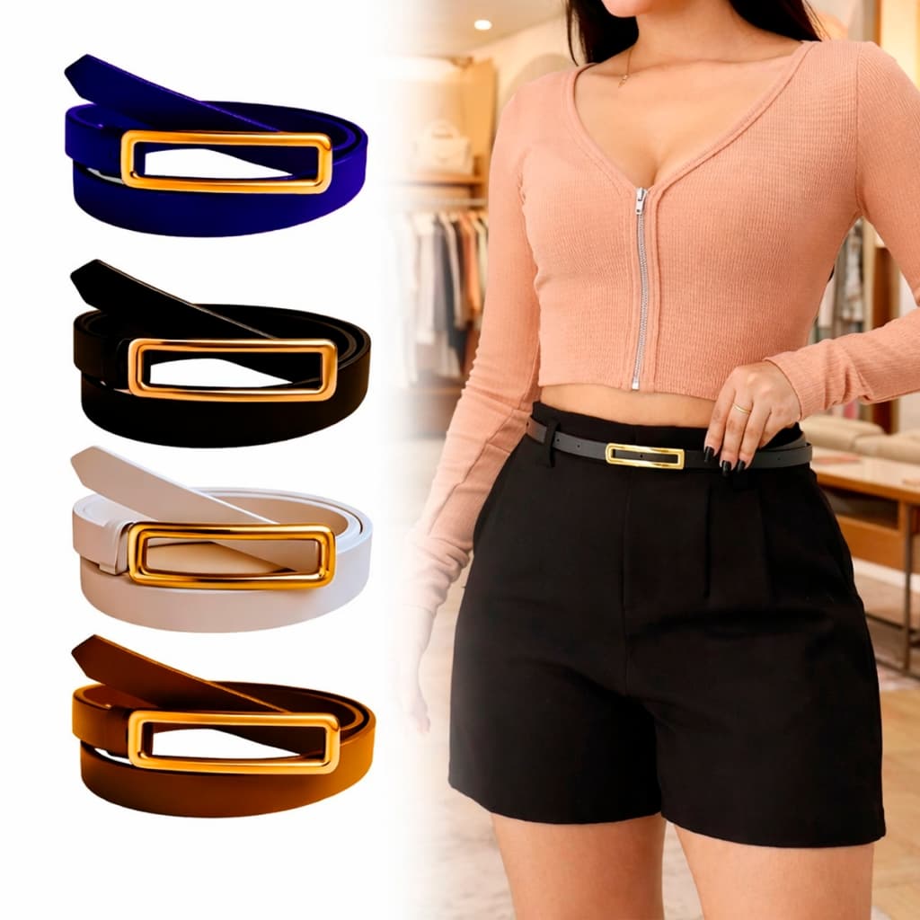 Kit 4 Cintos Femininos Elegante Retangular Fino Fivela Dourada