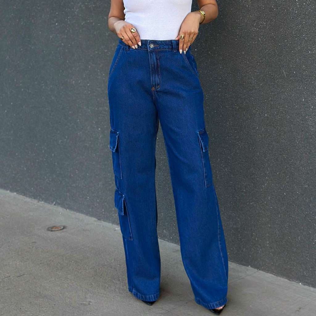 Kissmelady 555 Calça jeans feminina pantalona wide leg calca Calça cargo lisa cintura alta elegantes
