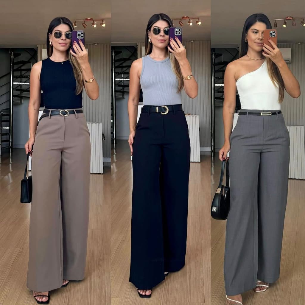 Calça pantalona SOCIAL Wide leg Bolsos Laterales P-M-G-GG