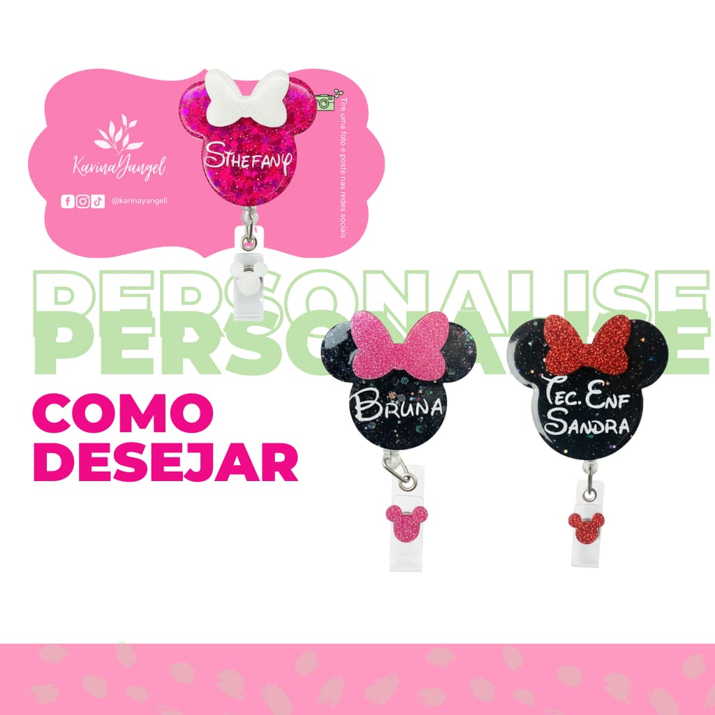 Porta Crachá Personalizado Minnie Laço em Resina – Roller Clip Retrátil com Brilho Roller Clip Button
