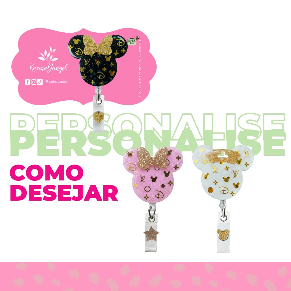 Porta Crachá de Luxo Mickey Minnie em resina - Roller Clip Button de Resina Epóxi
