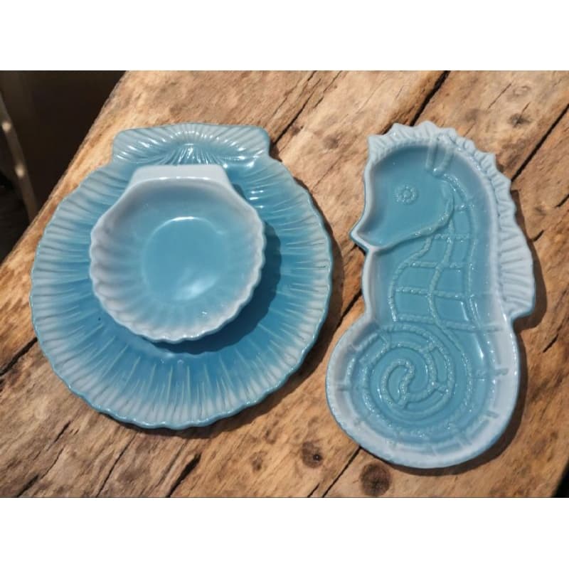 Conjunto Travessa Concha G + Bowl + Cavalo Marinho Em Cerâmica Esmaltada Para Restaurante Petiscos Mesa Posta Elegante