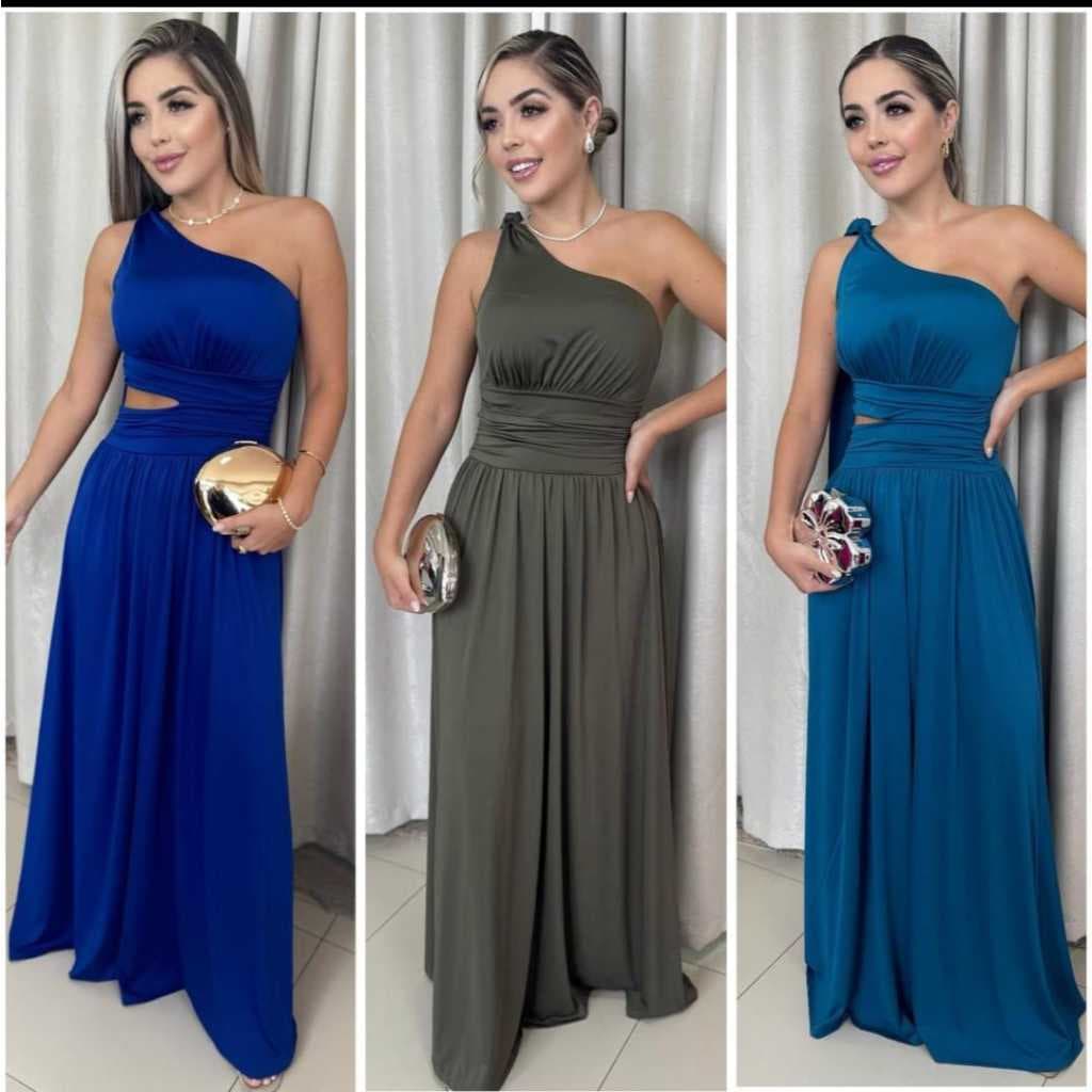Vestidos Social noivado e cha revelação Uma Manga Só Aberto Cintura Lateral Mula Manca Bojo soltinho azul serenity rosa