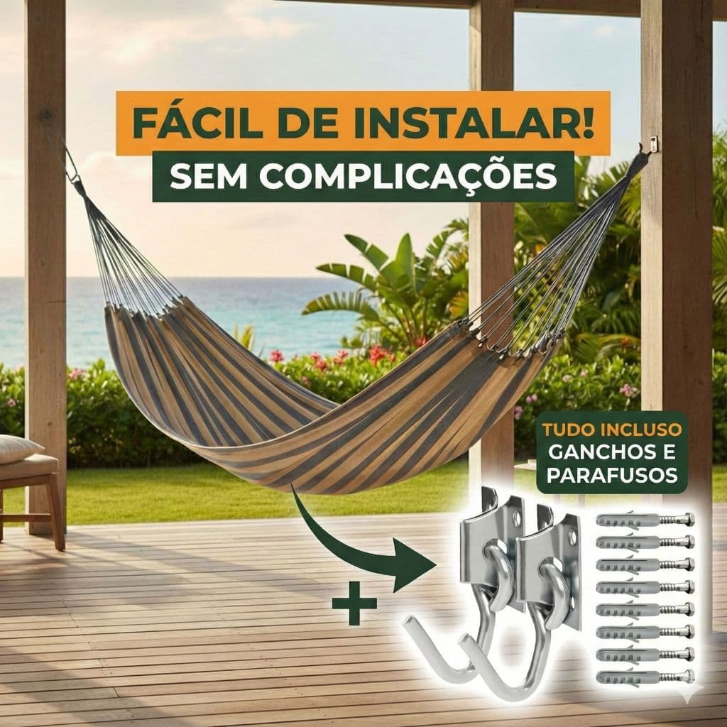 Rede de Descanso Casal Terra & Sol 3,90 x 1,50 + Par de Ganchos c/ 8 Buchas e 8 Parafusos 10mm