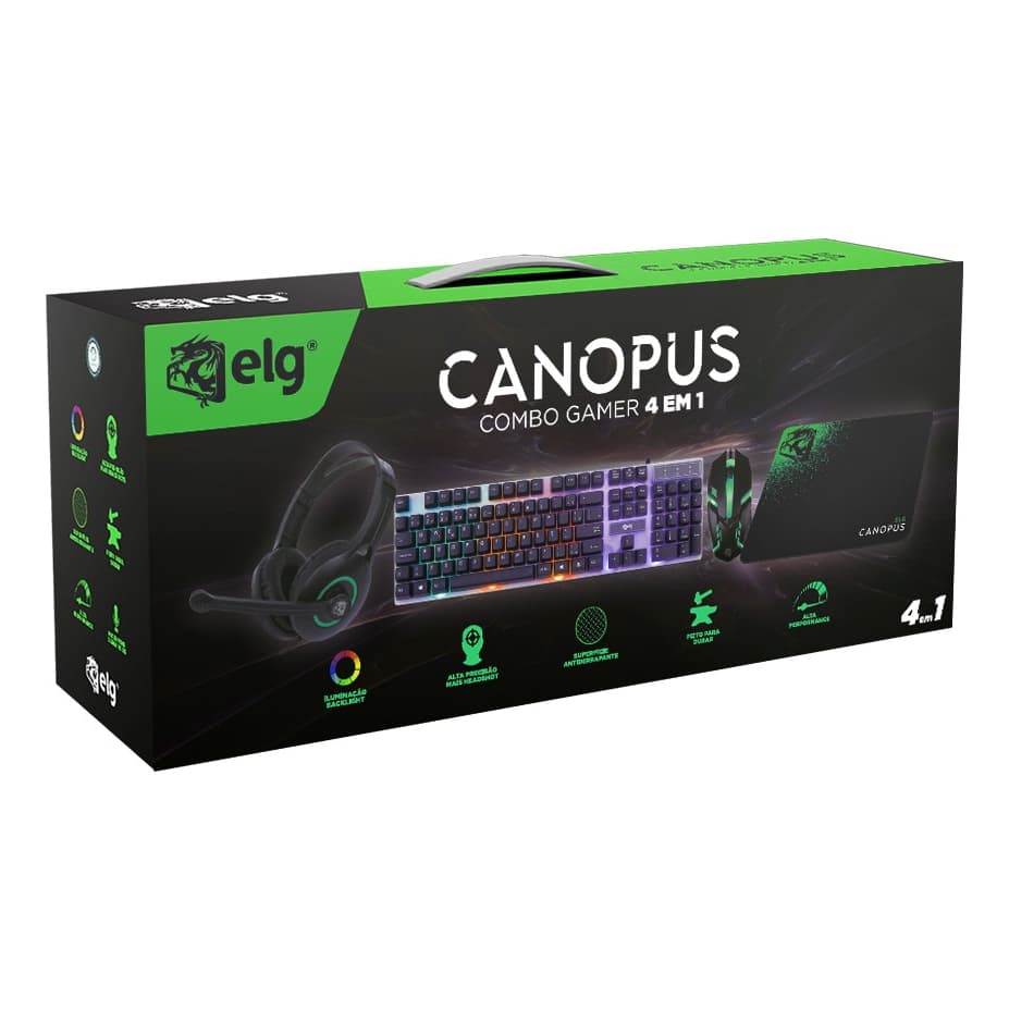 Kit Gamer 4 Em 1 Canopus Teclado Abnt 2, Mouse, Headset P3 E Mousepad, LED Em 7 Cores, Cgcs41 ELG Acessórios Vídeo Game