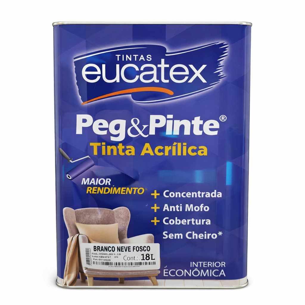 Tinta Acrílica Branca Para Paredes Internas Pegue & Pinte Eucatex 18 litros Antimofo Sem Cheiro.