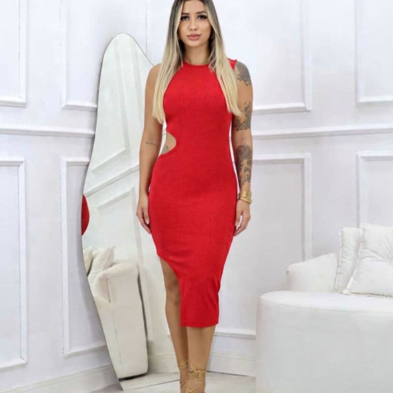 Vestido Midi Vermelho Luxo com Recorte Lateral | Modela o Corpo