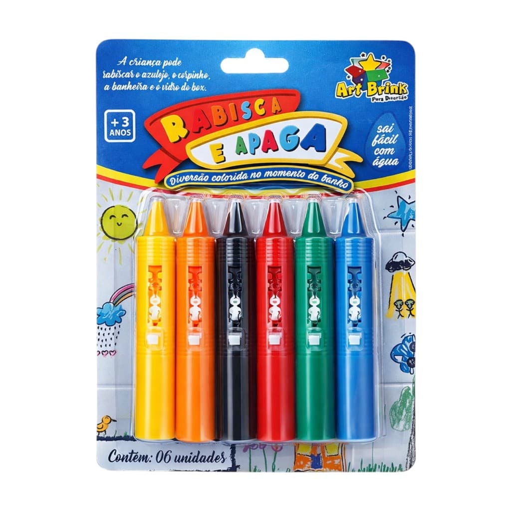 Caneta Risca e Apaga Giz de Cera Colorido Lavável Para Banho Azulejo Banheira 6 Cores - Sai com Água