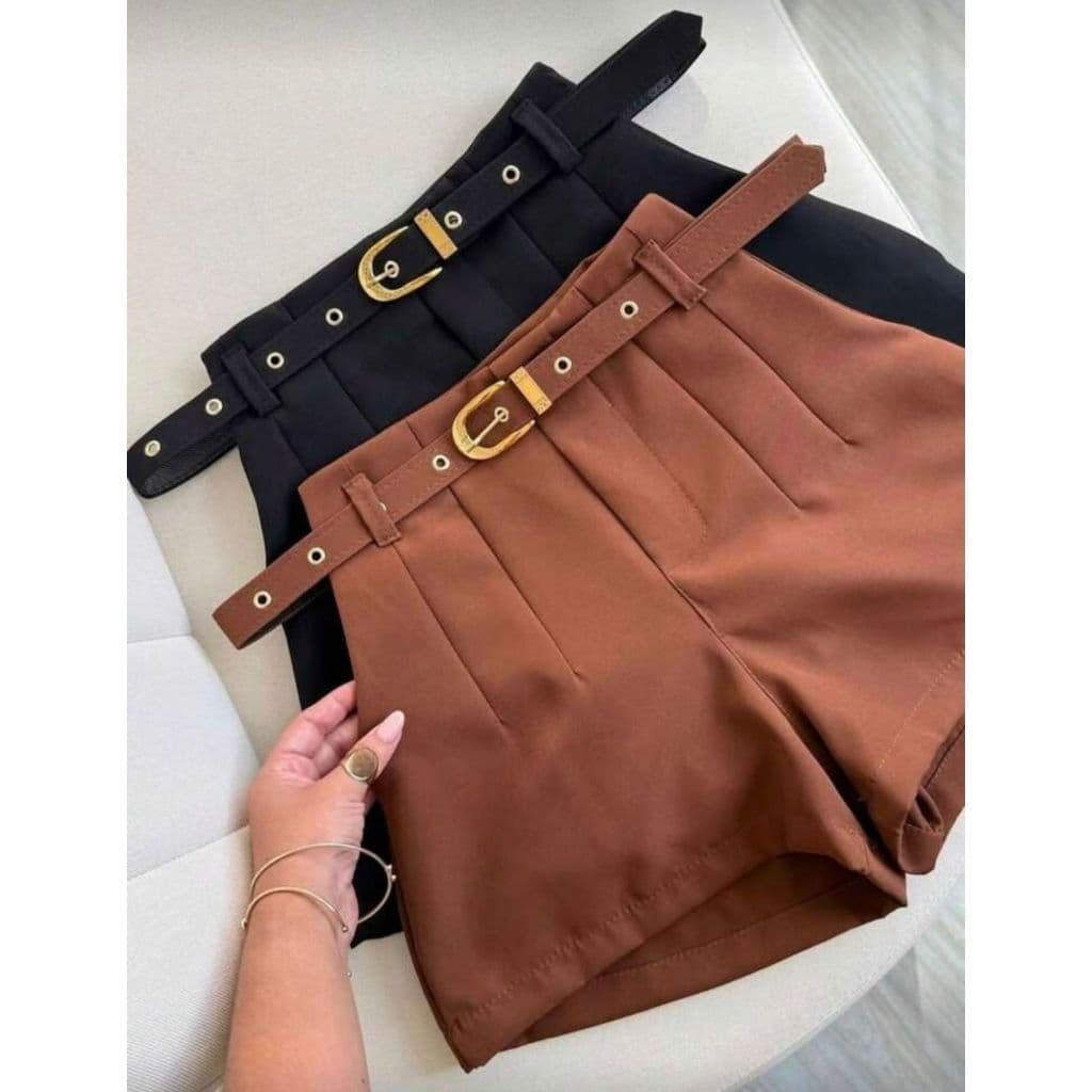 Short Alfaiataria Z Cintura Alta Com Cinto Encapado Tecido Alfaiataria Moda Feminina P ao GG