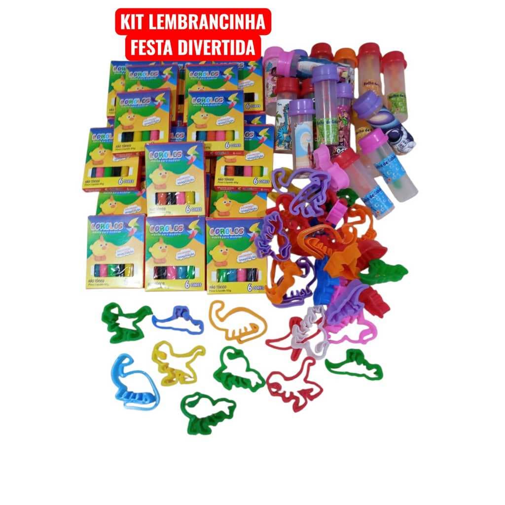 Kit 20 Cx Massinha de Modelar + 20 Tubete Bolha de Sabão + 20 Cortador Molde Dinossauros Festa Lembrancinha Infantil