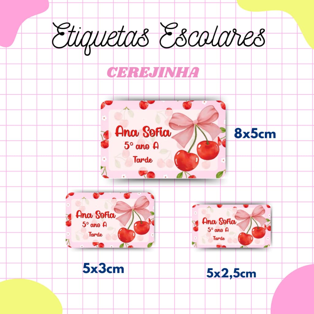 Kit Etiqueta Escolar Cerejinha l Adesivos Escolar l Etiquetas Personalizadas l Material Escolar l Volta as Aulas
