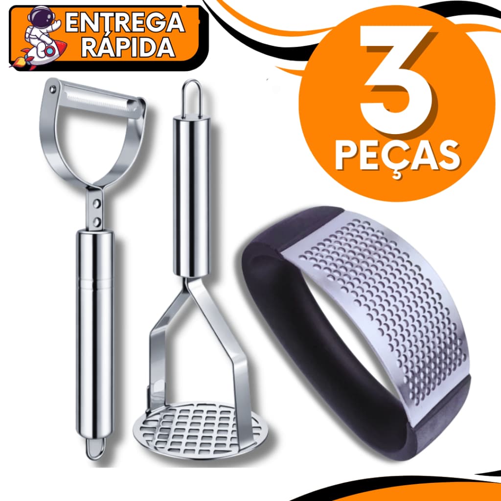 KIT 03 - Triturador Amassador de Alho Amassador de Batatas Descascador de Legumes Frutas Inox Premium Culinária Cozinha