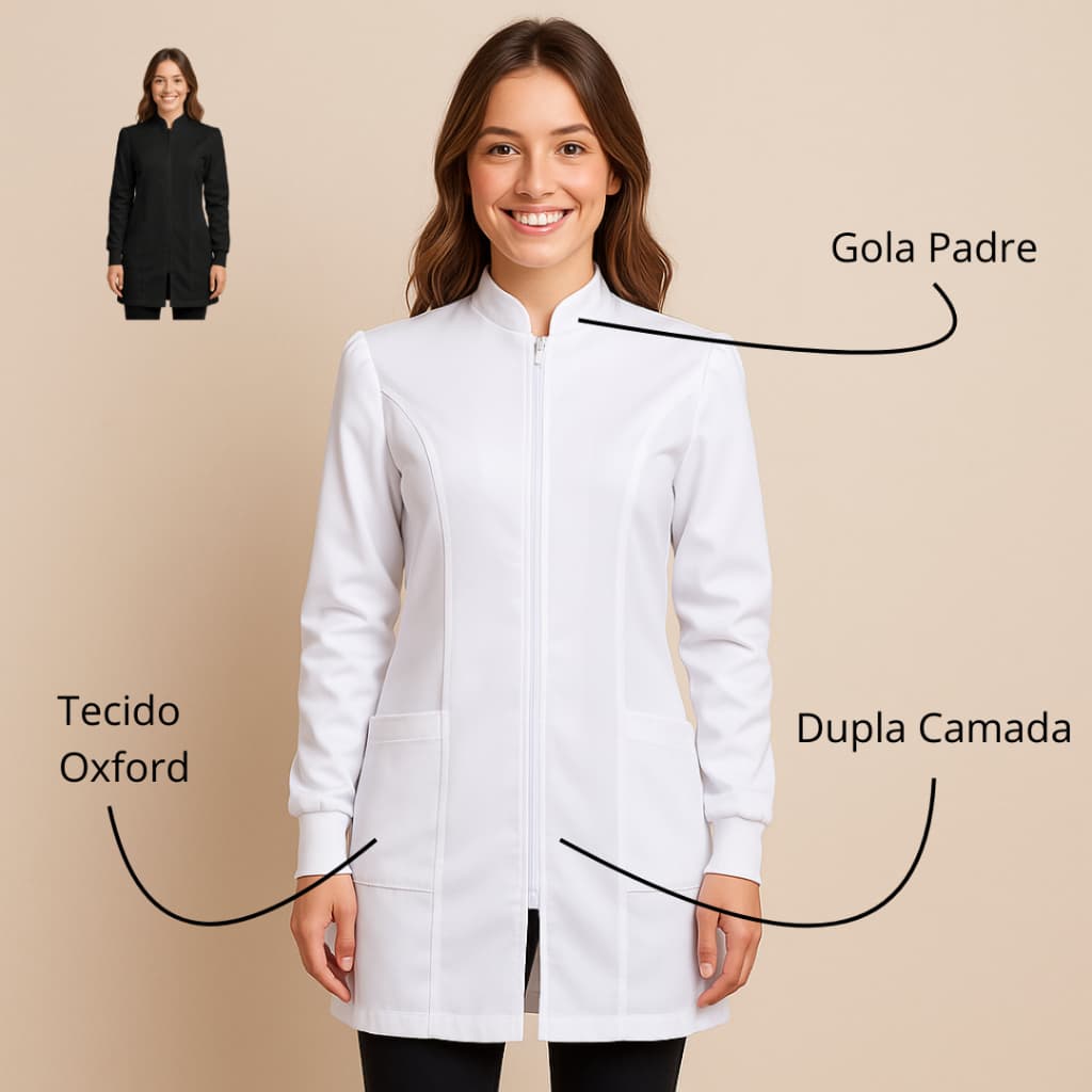 Jaleco Feminino Slim Acinturado Branco | Zíper, Gola Padre, Manga Longa – Oxford Premium