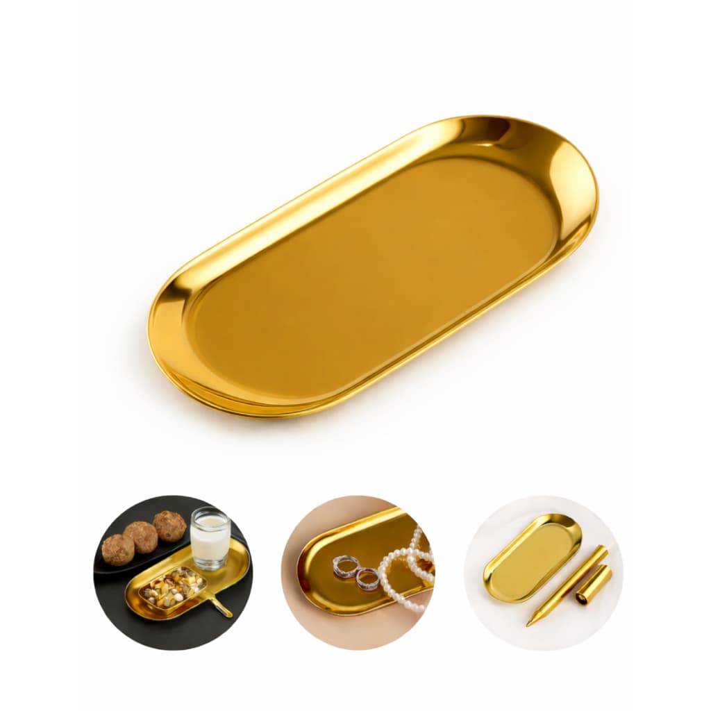 Bandeja Inox Dourada Oval Espelhadas Decorativas para Jóias Perfumes Alimentos Resistente Luxo