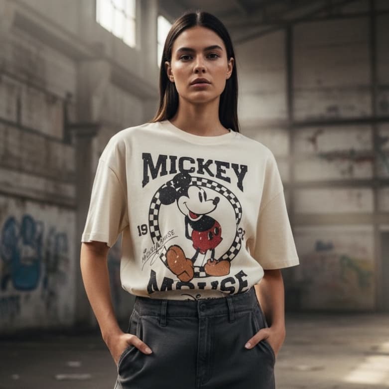 Camiseta oversized unissex Mickey Larga Algodão Off White
