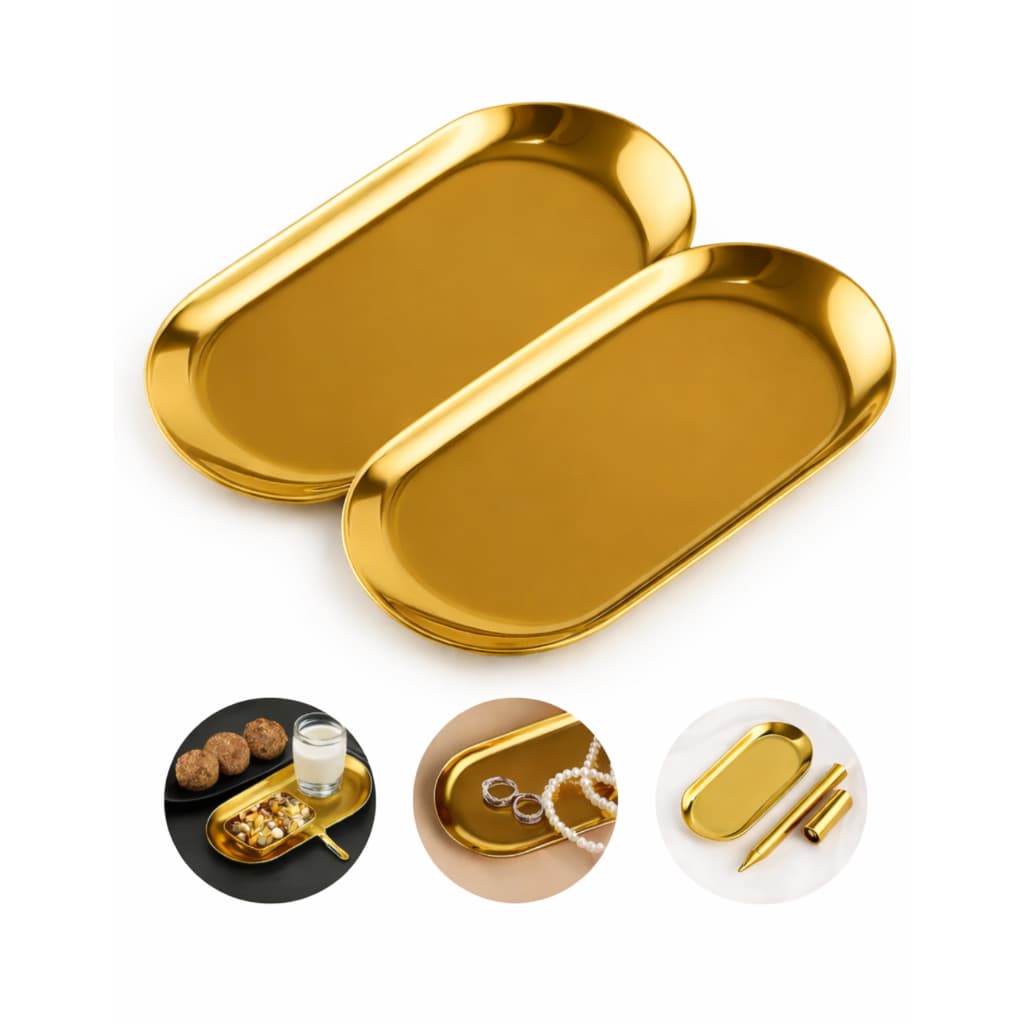 Kit 2 Bandeja Inox Oval Dourada Espelhada Decorativa Resistente para Jóias Perfumes Alimentos Luxo