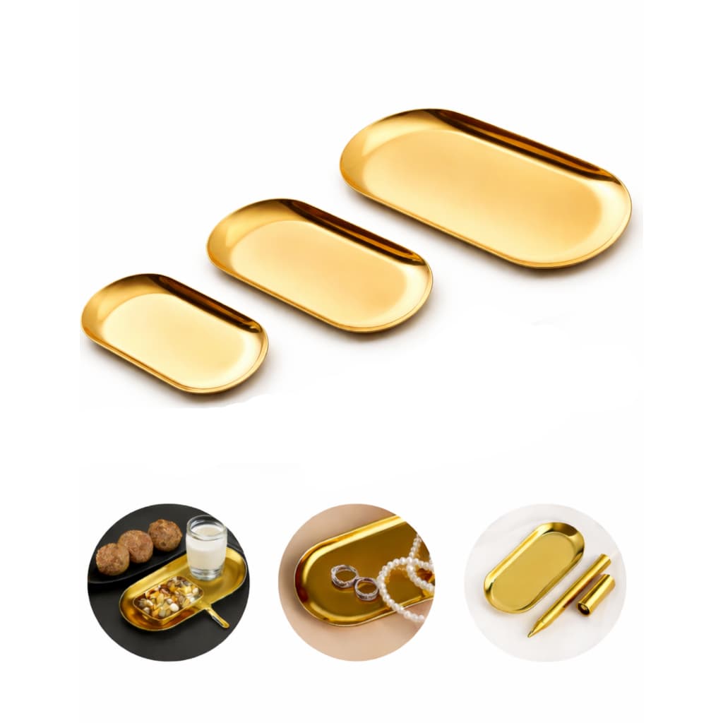 Kit 3 Bandeja Inox Dourada Oval Espelhada Decorativa Luxo Resistente Grande Média e Pequena
