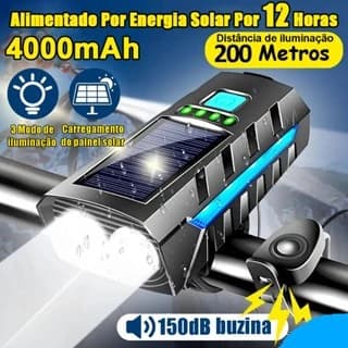 Kit Lanterna Bike Solar Com Buzina E Power Bank 12 Horas Recarregável À Prova D'Água Farol Bicicleta