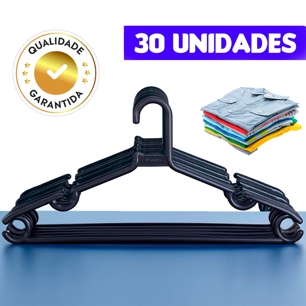 Kit 30 Cabide Adulto Preto Guarda Roupas Material Reforçado Com Gancho Organizador Arara