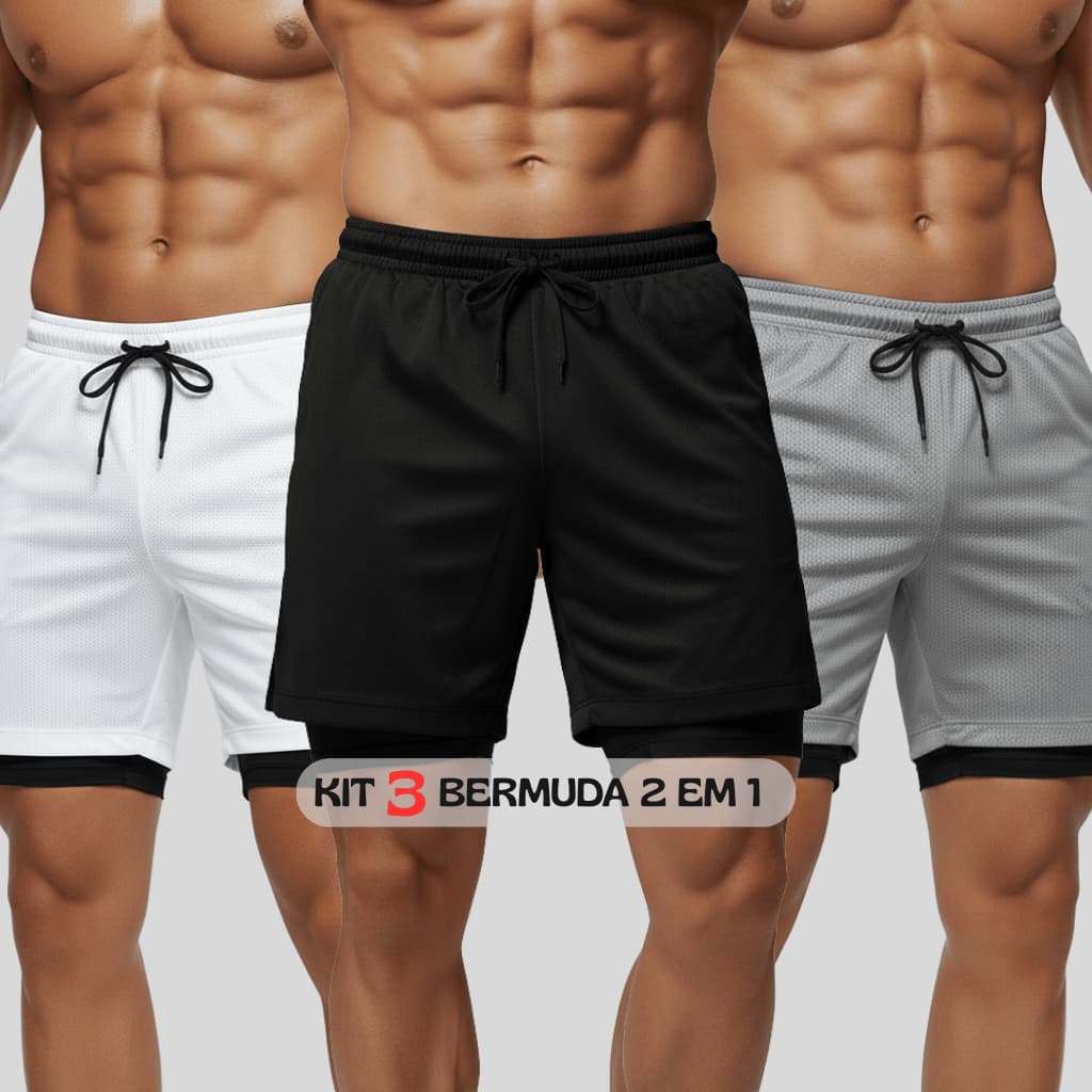 KIT 3 Shorts Duplo 2 em 1 com bolso Interno e Respirável!