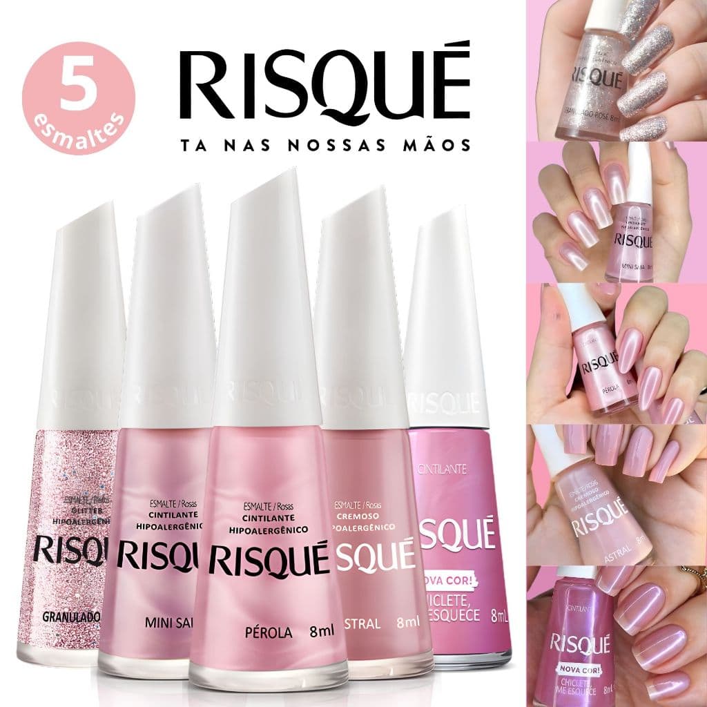 Kit 5 Esmaltes Risqué Tons Rosa Glitter Cintilante Esmaltes Atacado