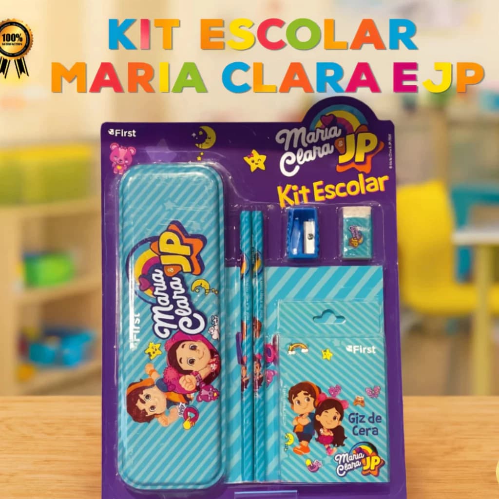 Kit Material Escolar Completo Maria Clara JP Estojo Lápis Borracha Giz de Cera Apontador Caderninho