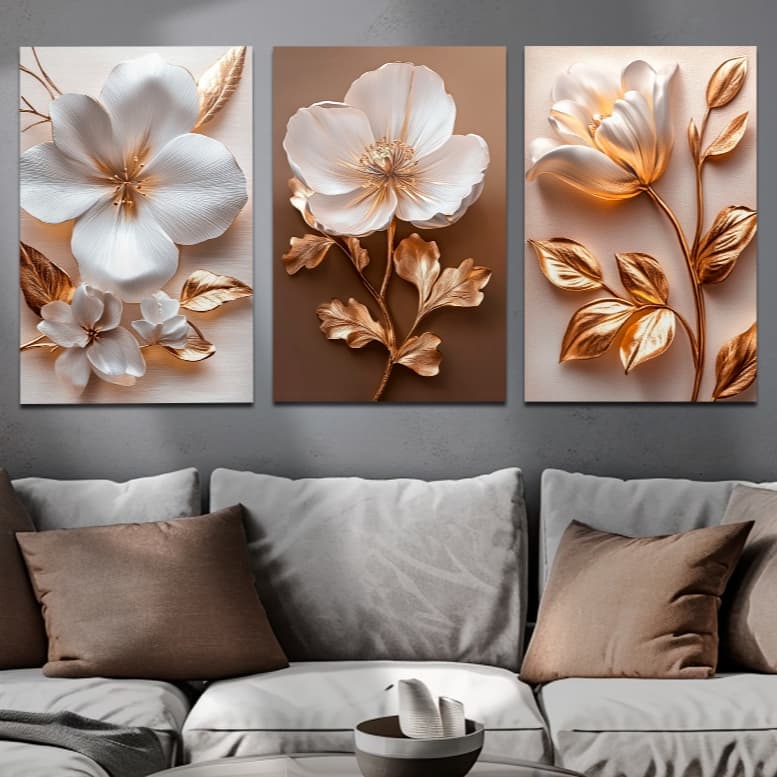 QUADRO DECORATIVO SALA TRIO FLORES BRANCA MARMORE MARRON ELEGANTE DECORAÇÃO MODERNA