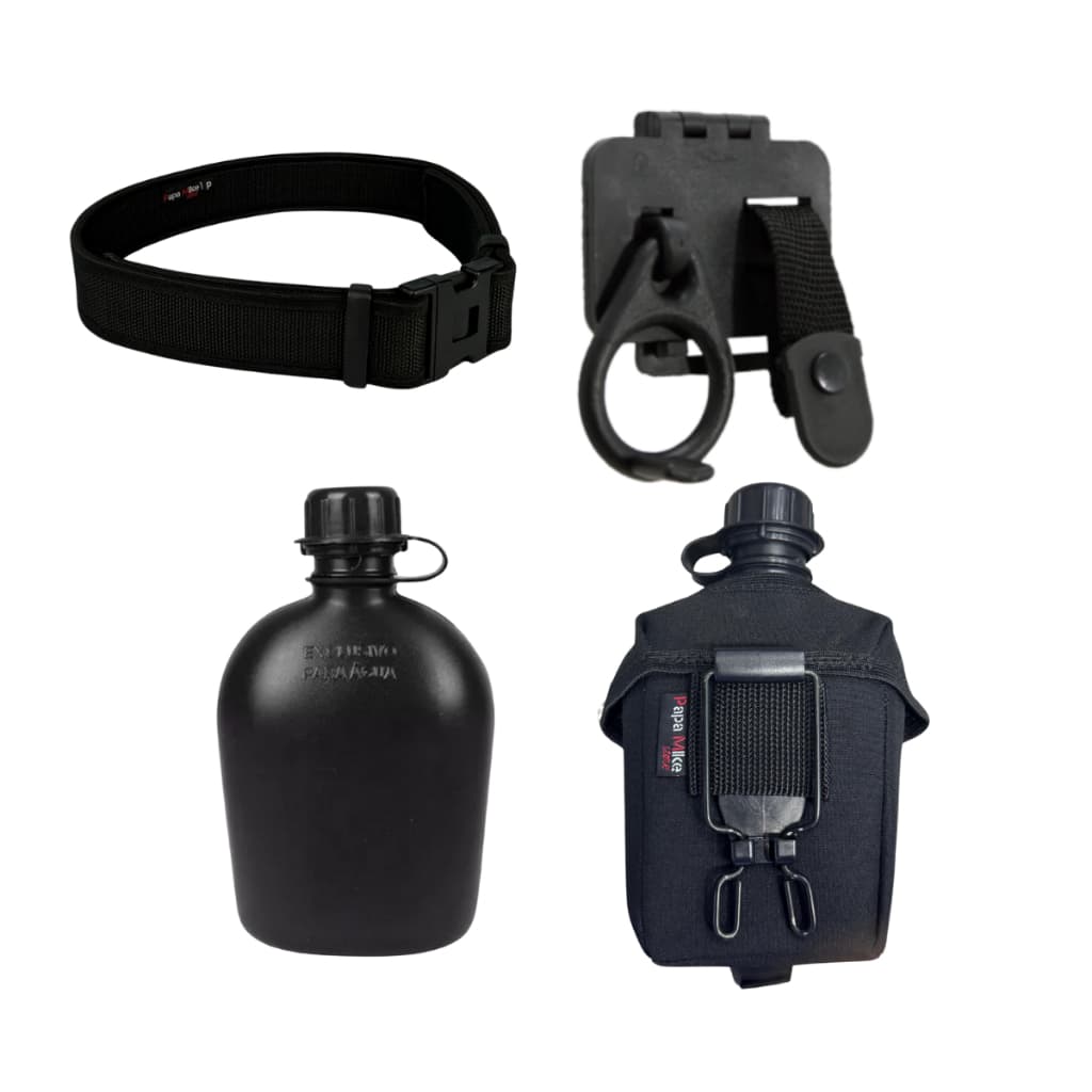 Kit Completo Cinto Tatico Militar + Capa De Cantil River + Cantil Preto 900ml + Porta Tonfa Bélica Operacional Militar
