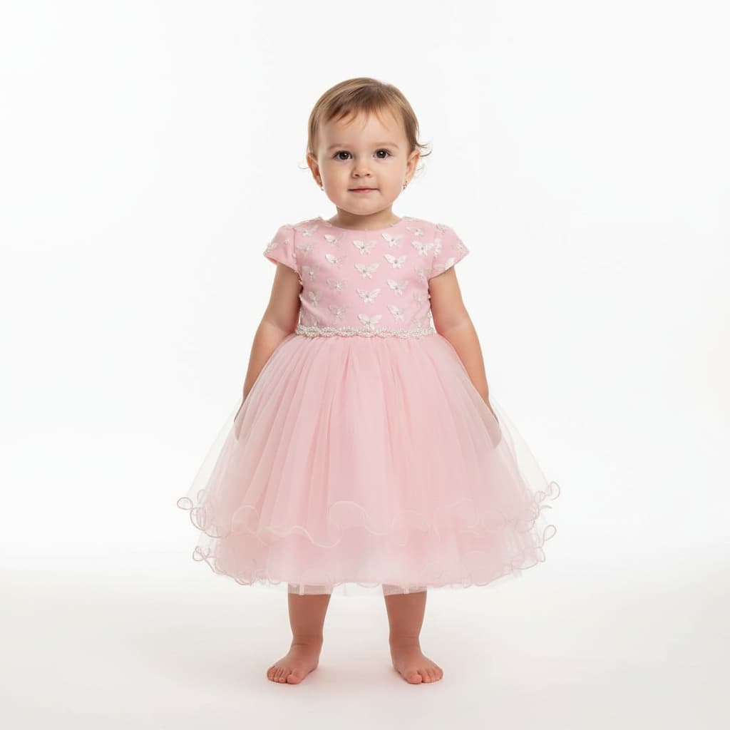 Vestido Infantil Rosa de Festa com Tule e Bordado de Borboletas