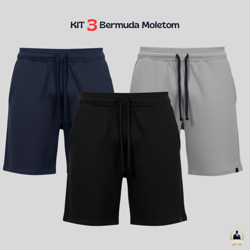 Kit 3 Bermudas de Moletom Masculina Conforto Premium | Cós com Cordão e Bolsos Laterais