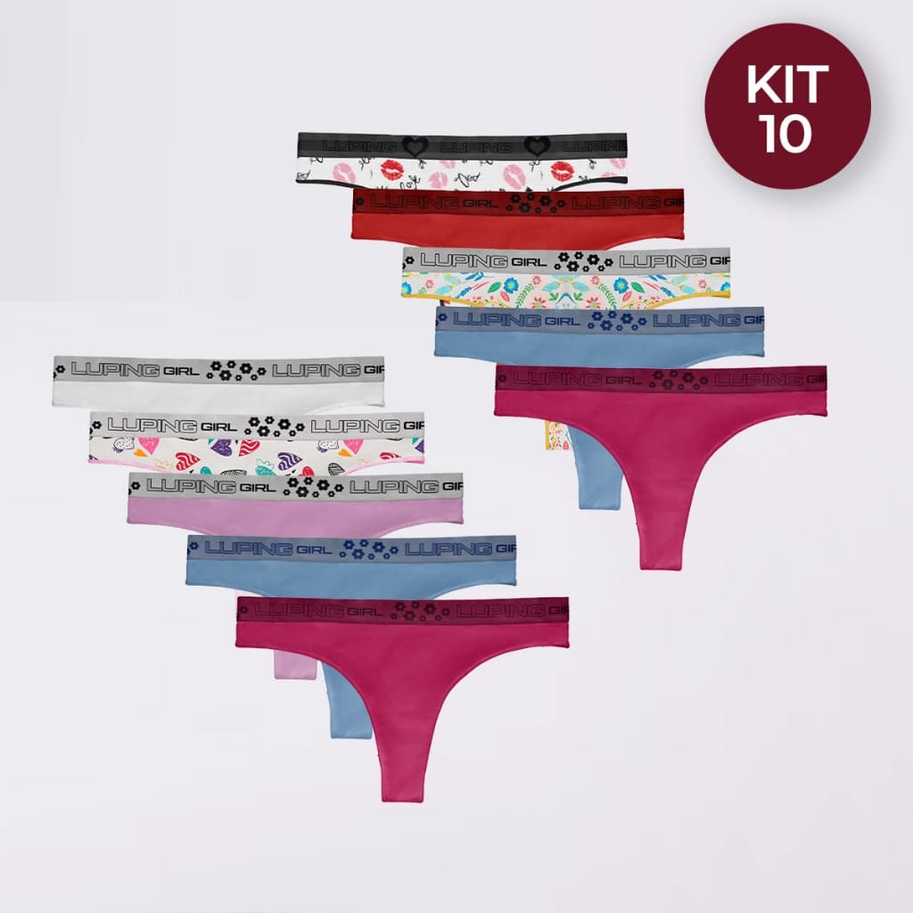Kit 10, 5, 3 Calcinhas Fio Dental 100% Algodão Feminina Cós Alto Com Elástico Luping Lisas e Estampadas