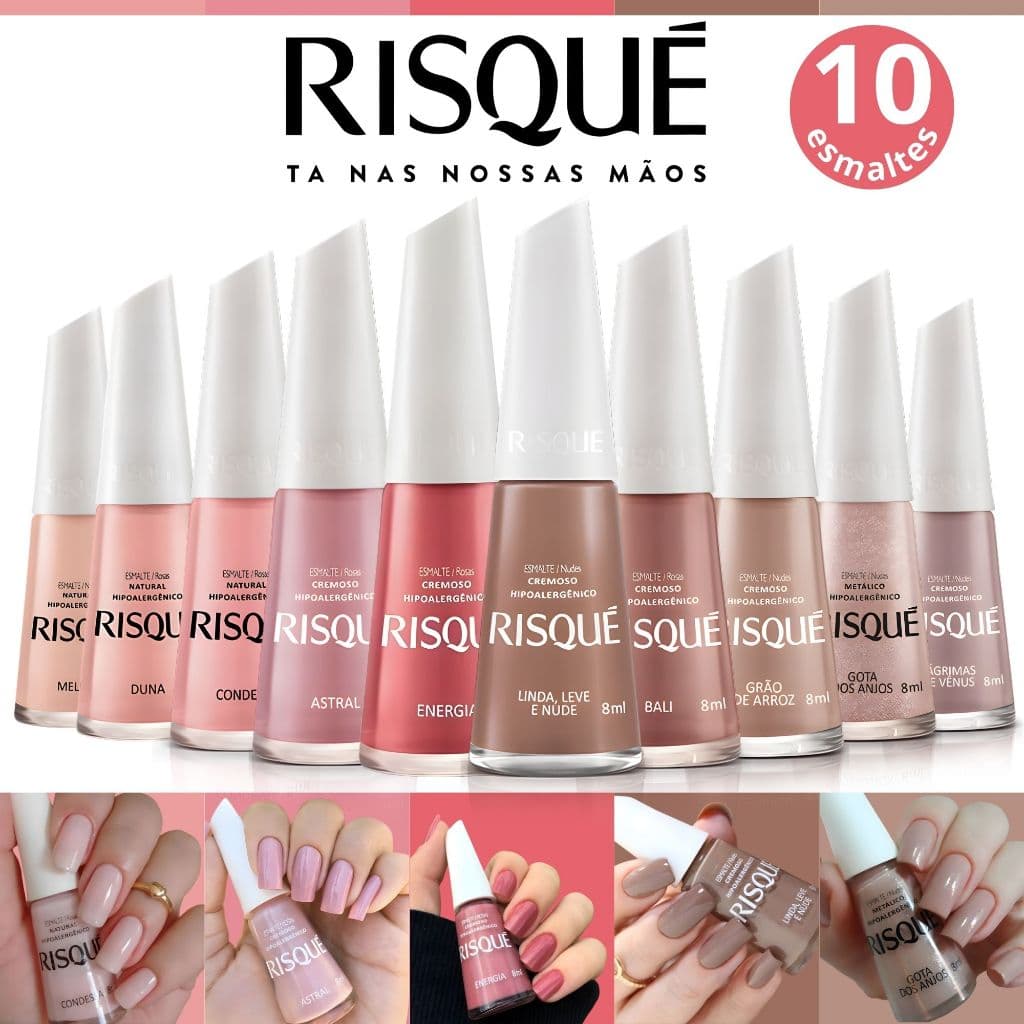 Kit 10 Esmaltes Risqué Tons Nude e Rosa Esmaltes Atacado