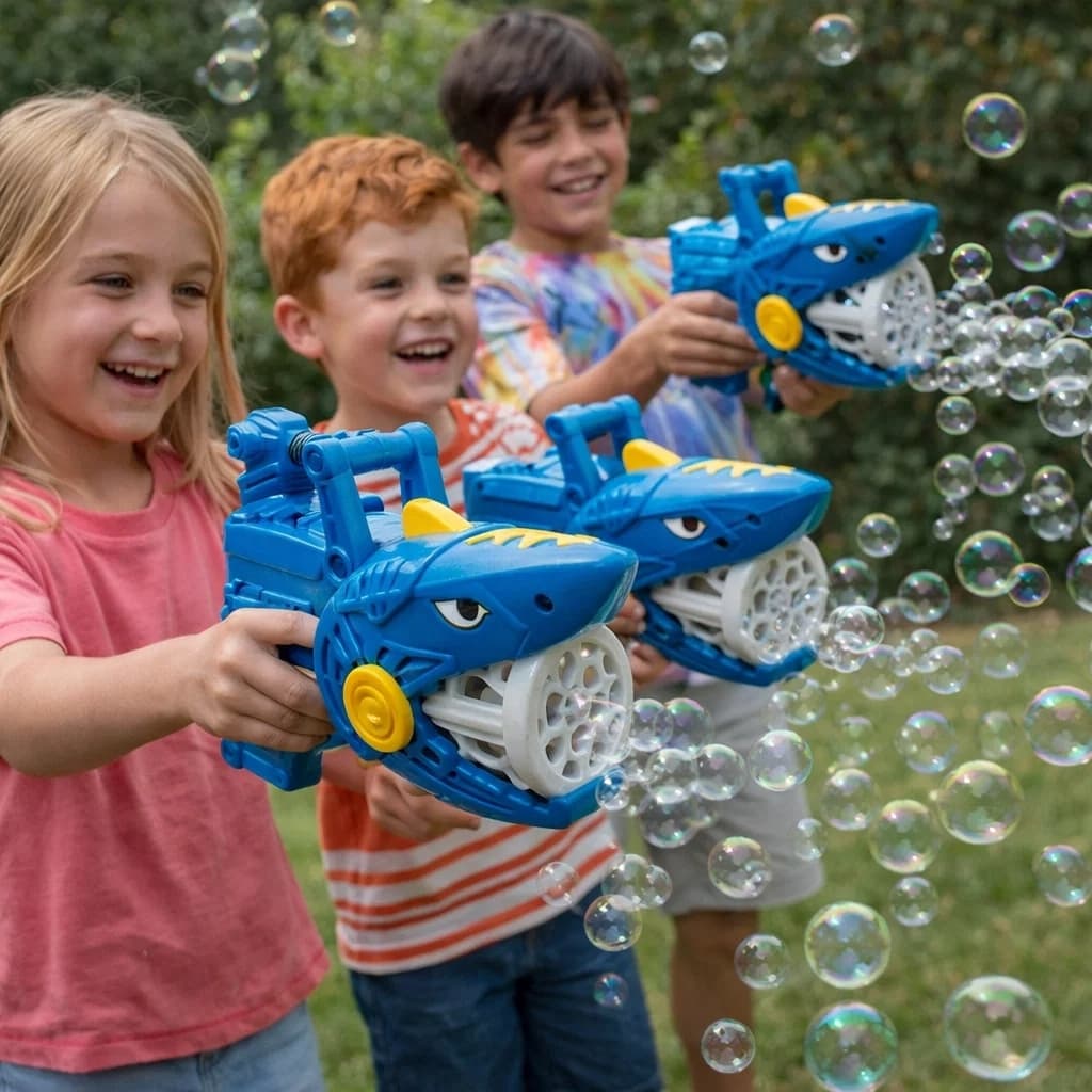 Pistola Bolhas Tubarão Brinquedo Criança Presente Água Sabão Lançador Peixe Azul Menino Menina