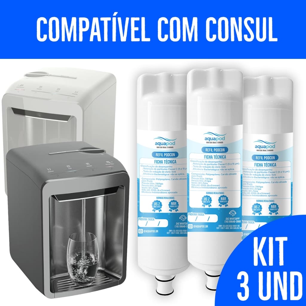 Kit 3 Refil Aquapod Compatível Purificador Bebedouro Consul Cpc31 Cpc3af Cp