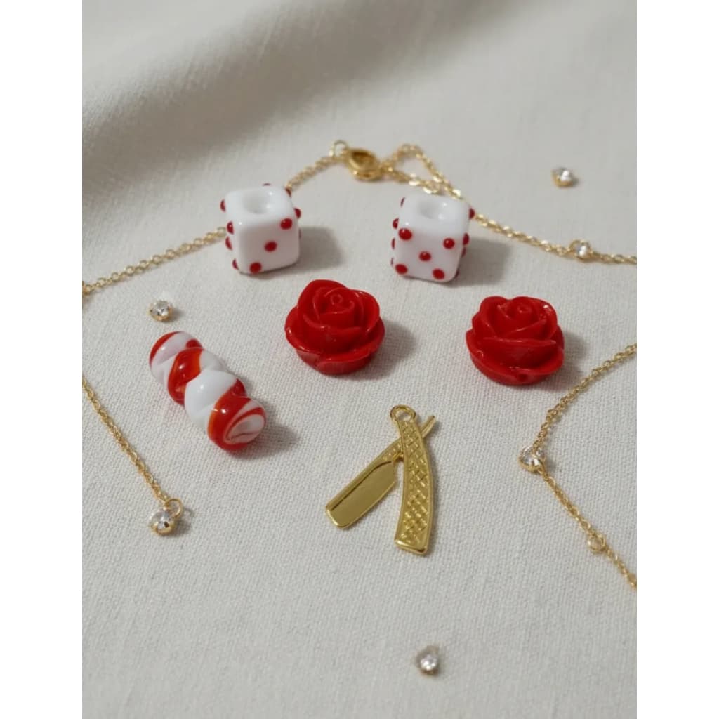 Kit Para Guia Maria Navalha Dado Rosa Firma Navalha Vermelho 8mm Pingentes Firma Entremeio Umbanda Candomblé