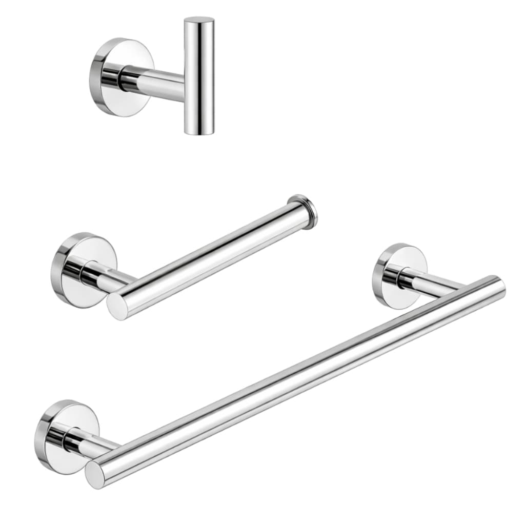 Kit Acessórios Banheiro Toalheiros Cromado Redondo em Aço Inox 3 Peças Dupla Fixação