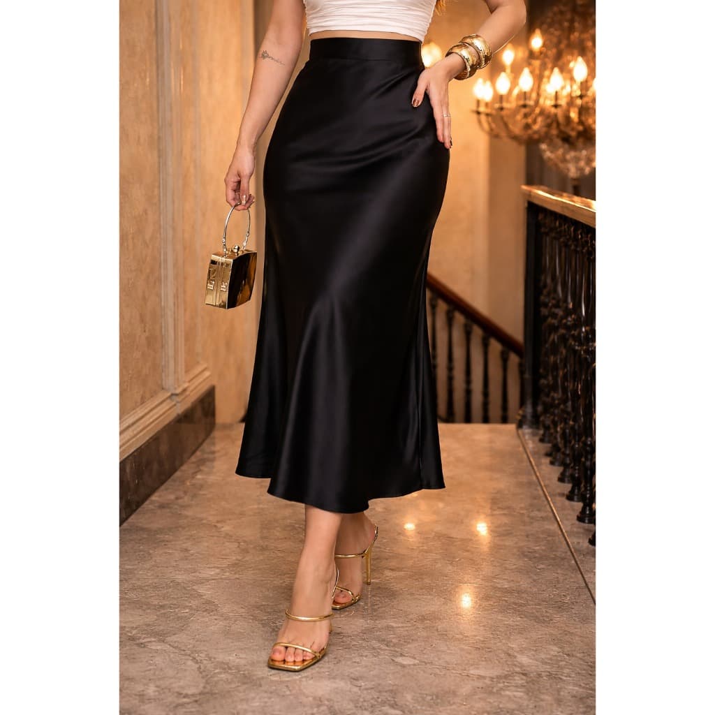Saia Midi Cetim Acetinada Lisa Casual Modelagem Sereia Cintura Alta Ziper Elegante