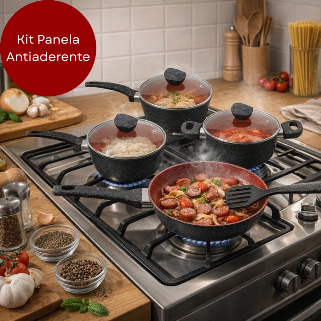 Kit Jogo de Panelas Antiaderente Com Tampa de Vidro Grossas 4 Peças
