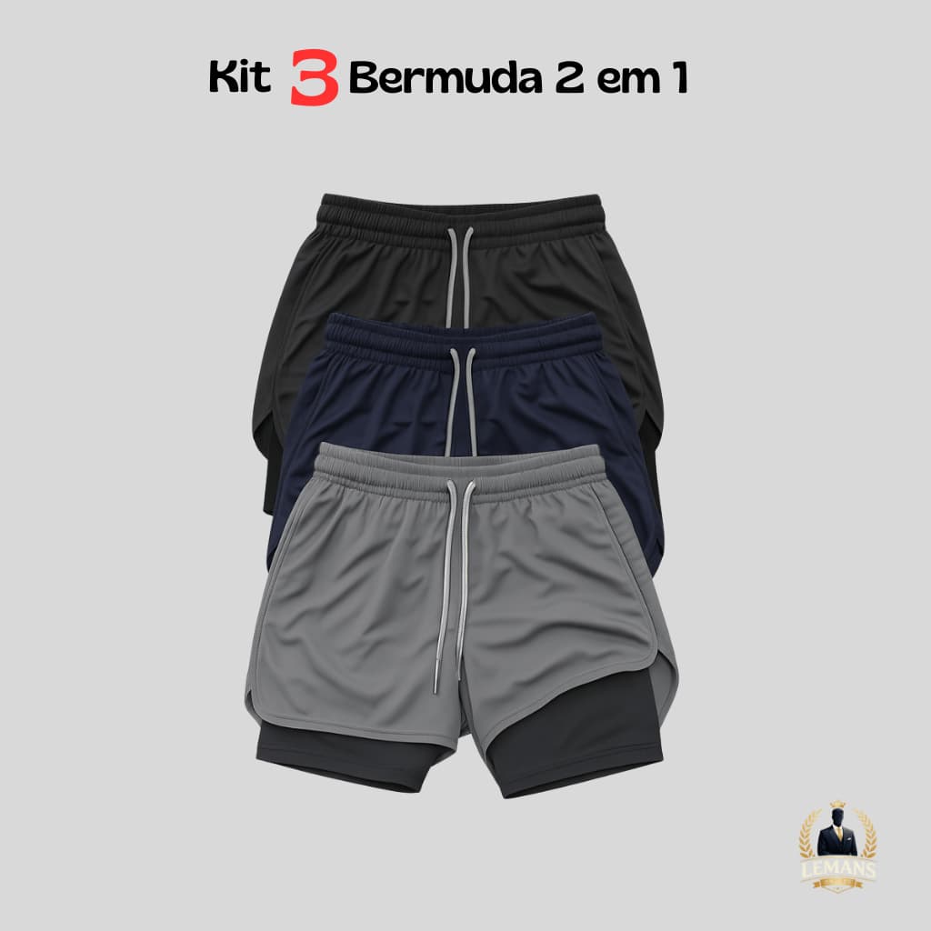 KIT 3 Bermuda 2 em 1 Masculina - Academia & Lazer Com Bolso Interno